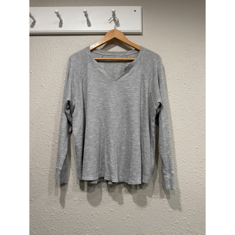 American Eagle Y2K Gray Waffle Knit Thermal V Neck Top XL Cozy 2000s Layering